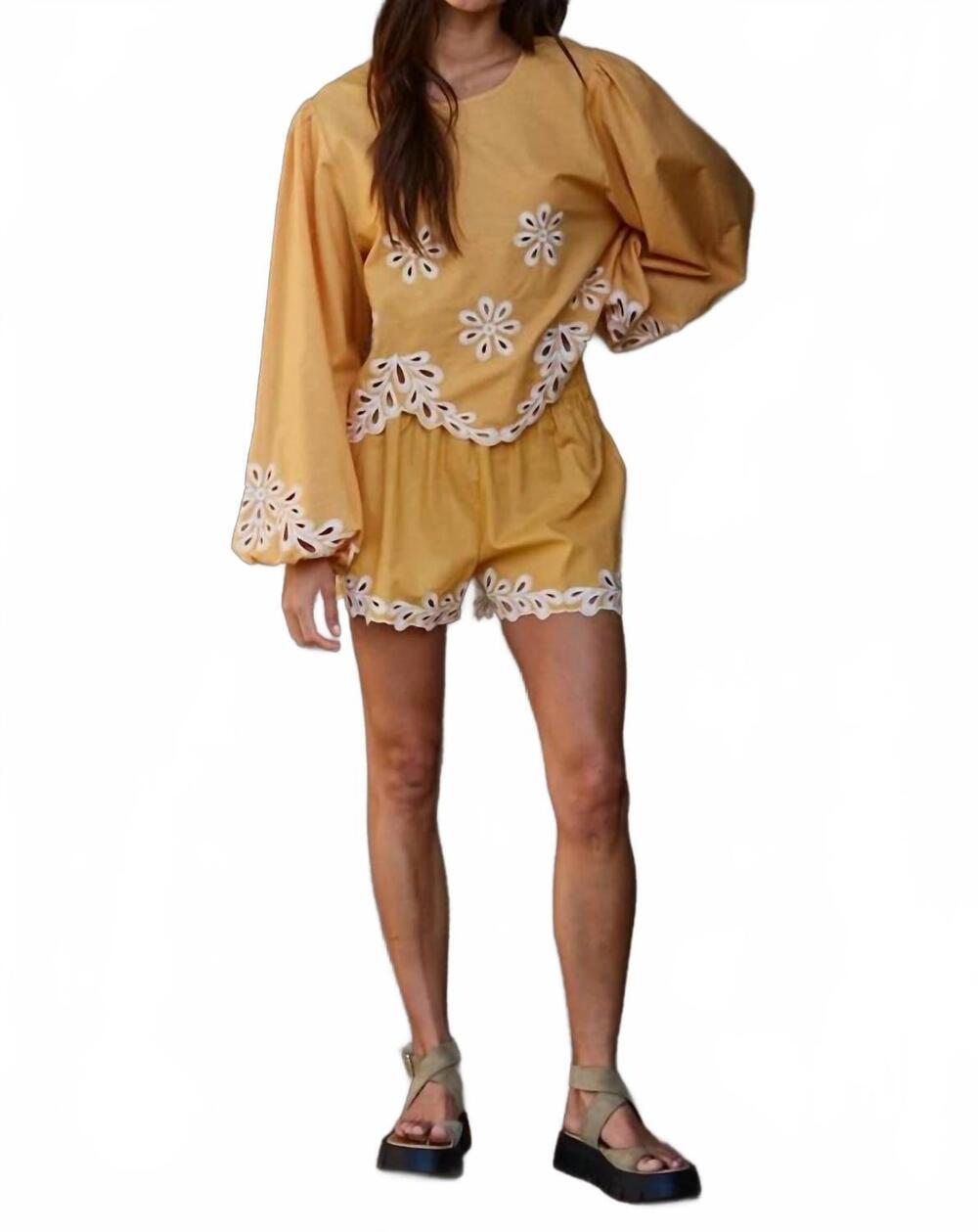 NEW BY TOGETHER women's resort embroidered puff sleeve top in yellow